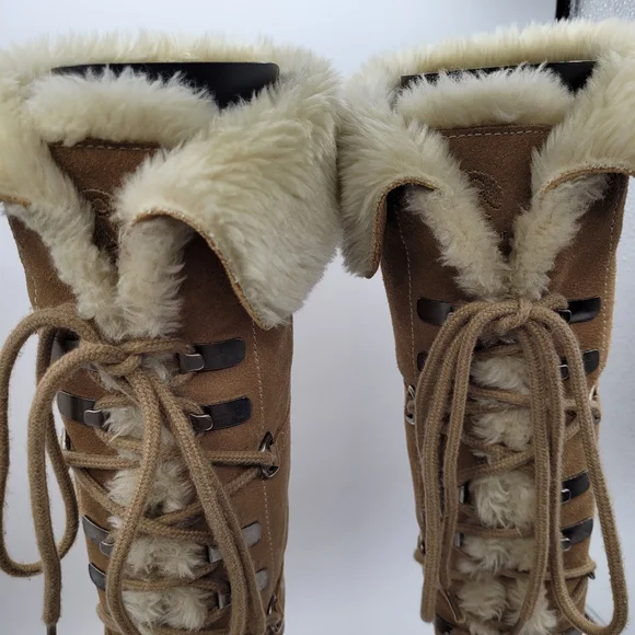 Y2K Report Icon Womens Lace-UpTan Suede Boots Faux Fur Size 8 - Picture 5 of 15